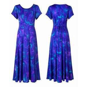 Vintage Simply Silk Blue Purple Abstract Silk Maxi Dress Women’s Medium Boho 90s